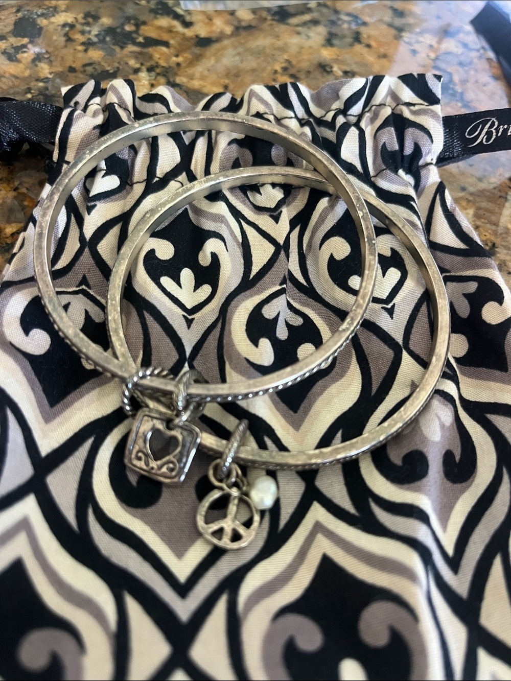Retired Brighton silver tone double bangle bracelet with heart & peace sign